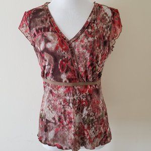 Style & Co. Watercolor Floral Lace Velvet Trim Blouse Top Shirt